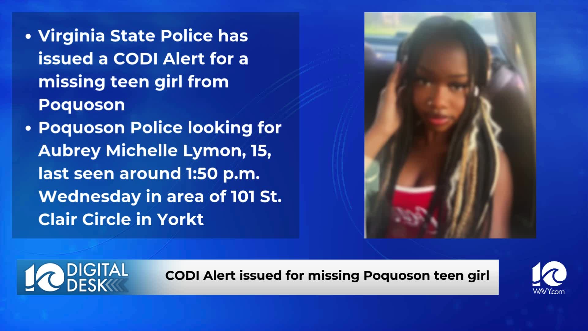 CODI Alert issued for missing Poquoson teen girl – WAVY.com