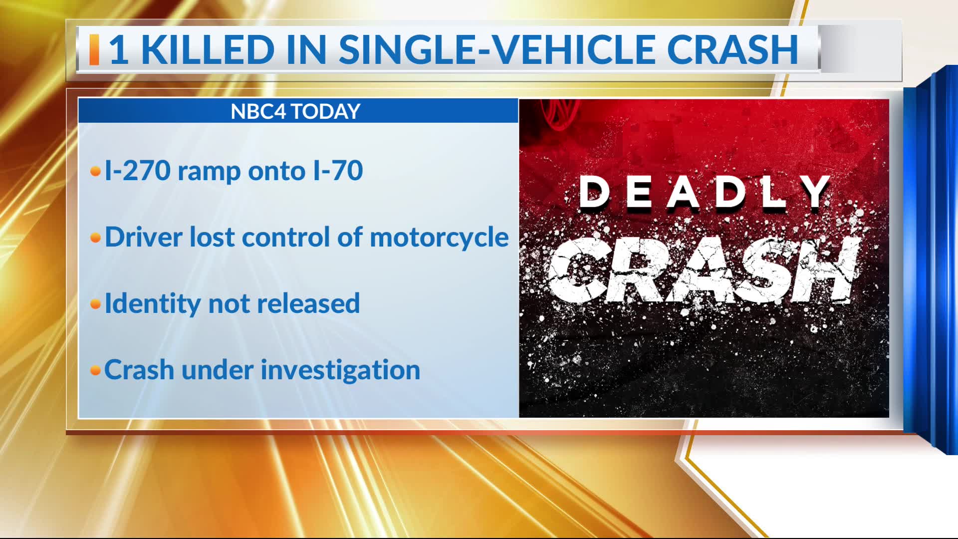 Motorcyclist killed in crash on I-71, I-270 to I-70 ramp closed – NBC4 ...
