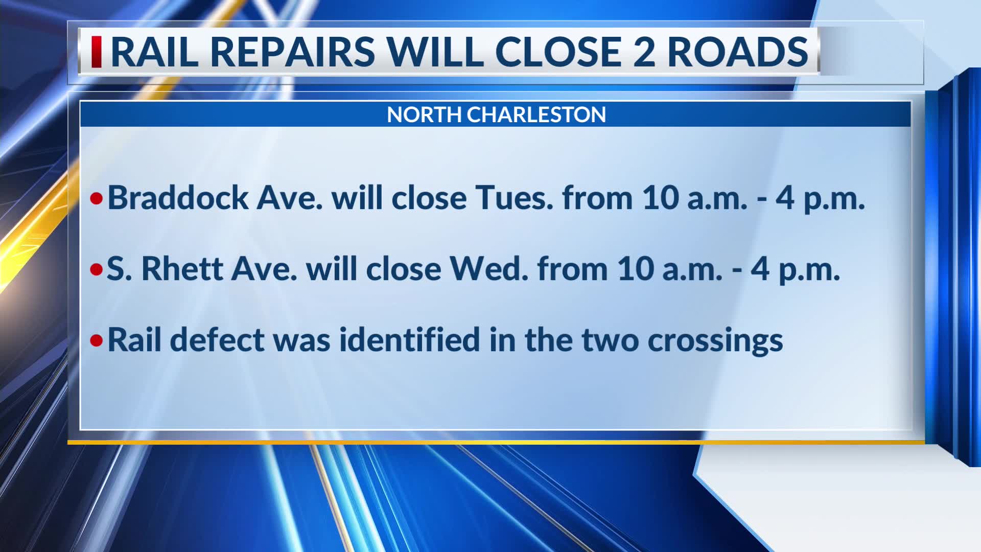 Rail repairs close 2 roads in North CHarleston – WCBD News 2