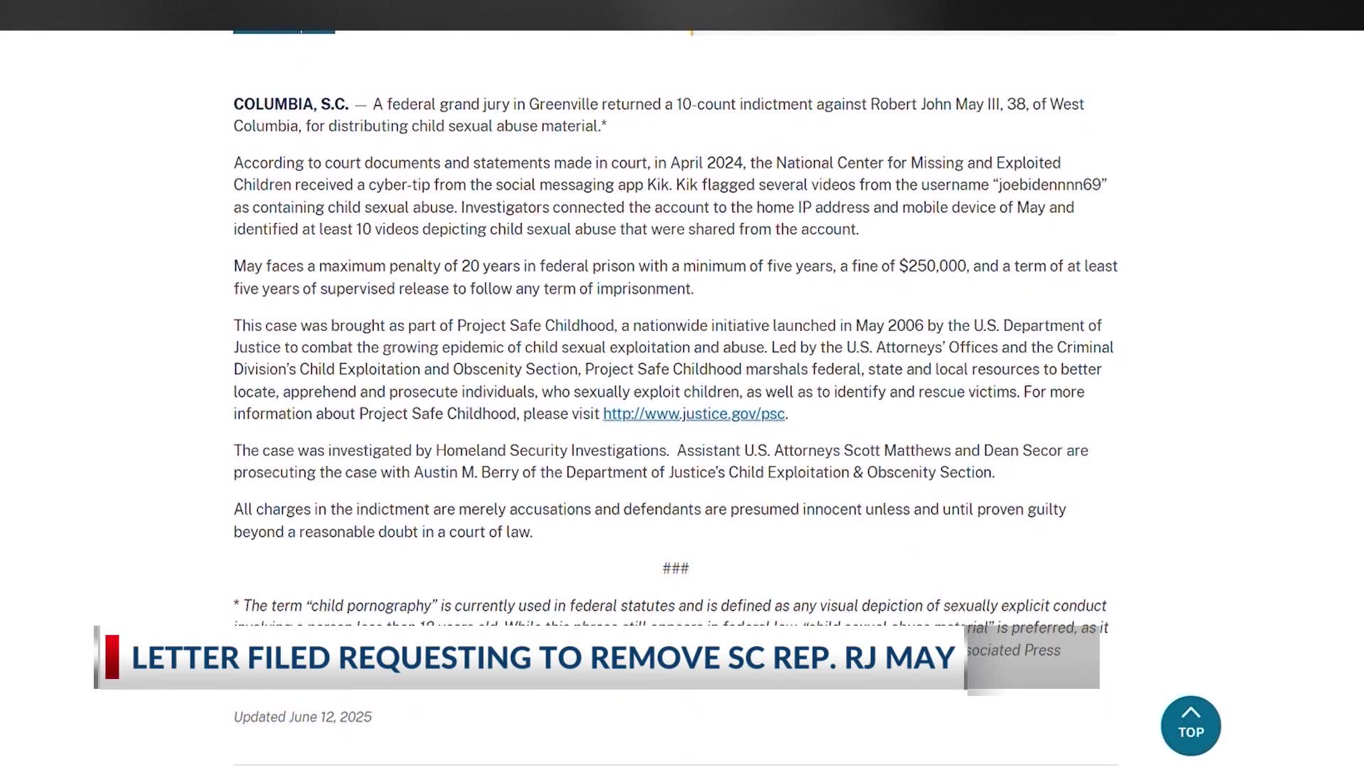 Letter filed requesting to remove indicted state lawmaker – WCBD News 2