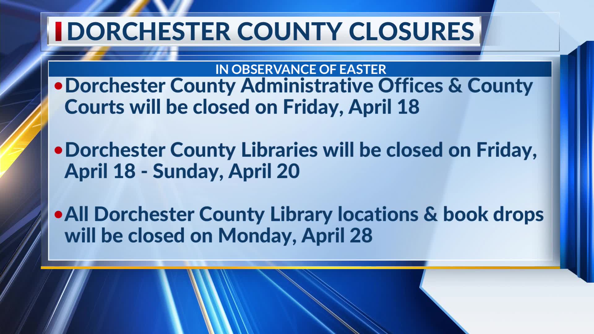 Dorchester County closures for Easter observance – WCBD News 2